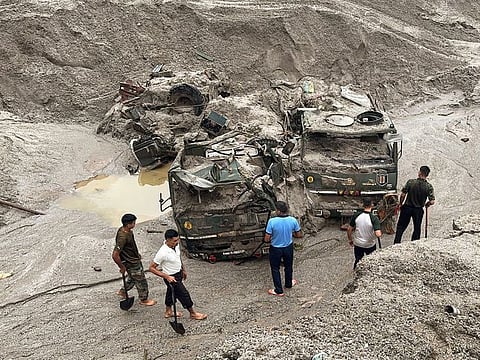 Indian army personnel conduct a search and rescue operation at an area affected by flash floods triggered by a sudden heavy rainfall, in North Sikkim on Thursday, October 5, 2023.