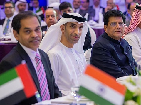 Dr. Thani bin Ahmed Al Zeyoudi, Minister of State for Foreign Trade, Piyush Goyal, India’s Minister of Commerce and Industry and Indian Ambassador Sanjay Sudhir.