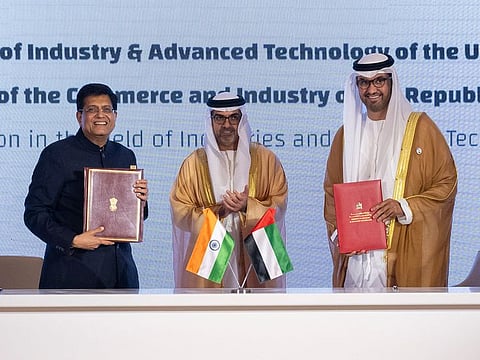 The MoU was signed in the presence of Sheikh Hamed bin Zayed Al Nahyan, Member of the Abu Dhabi Executive Council, and involved Dr. Sultan Al Jaber, UAE Minister of Industry and Advanced Technology, along with Piyush Goyal, India's Minister of Commerce and Industry.