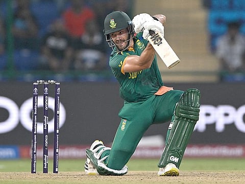 South Africa's Aiden Markram plays a shot during the 2023 ICC Men's Cricket World Cup ODI match against Sri Lanka at the Arun Jaitley Stadium in New Delhi on October 7, 2023.