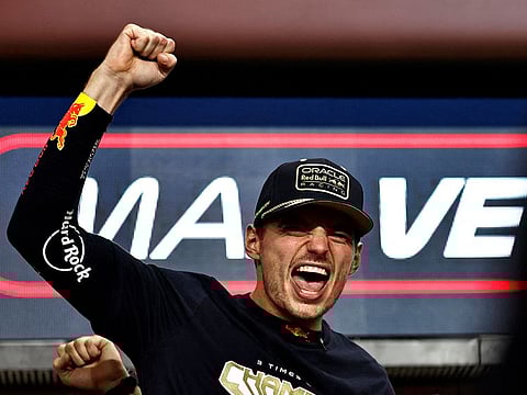 Red Bull's Max Verstappen celebrates after winning the championship.