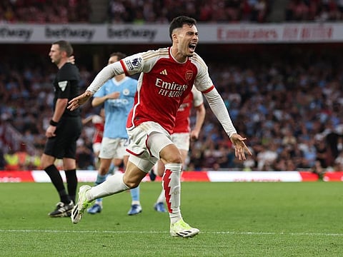 Arsenal's Gabriel Martinelli celebrates scoring their only goal during a Premier League match against Manchester City at the Emirates Stadium, London, Britain - October 8, 2023