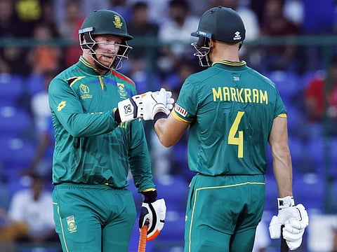 South Africa's Aiden Markram and Heinrich Klaasen during their match against Sri Lanka in the Cricket World Cup at Arun Jaitley Stadium in New Delhi on Saturday.