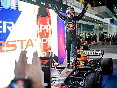Red Bull Racing's Dutch driver Max Verstappen celebrates winning the Qatar Grand Prix at Lusail International Circuit on Sunday.