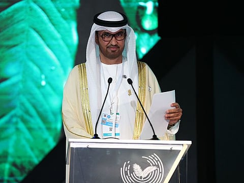 COP28 President-Designate and UAE’s Special Envoy for Climate Change, Dr Sultan Al Jaber, addressing trhe opening ceremony of the MENA Climate Week 2023 in Riyadh, Saudi Arabia, on Sunday (October 8).