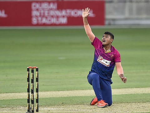 Aayan Afzal Khan of UAE appeals during the T20 match against New Zealand at the Dubai International Cricket Stadium in August.