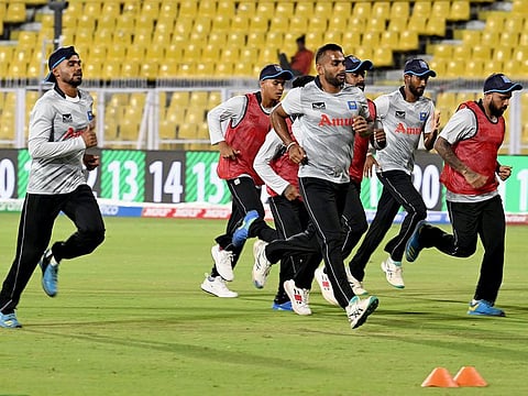 Sri Lankan players limbering-up ahead of a practice session in preparation for the World Cup.