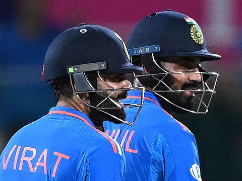 India’s Virat Kohli (left) and his teammate KL Rahul during the 2023 ICC Men's Cricket World Cup match against Australia at the M.A. Chidambaram Stadium in Chennai on October 8, 2023. The two posted 165 runs for the fourth wicket take India to a six-wicket win.