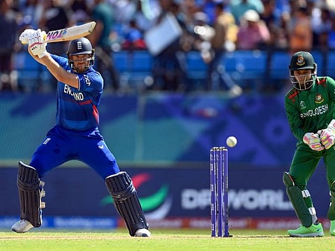 England's Dawid Malan cuts one to the fence during their World Cup match against Bangladesh at HPCA Stadium in Dharamsala on Tuesday.