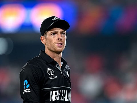 New Zealand's Mitchell Santner looks on during the match against Netherlands. The left-arm spinner claimed a five-wicket haul.