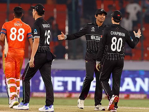 New Zealand players celebrate after winning their World Cup match against the Netherlands.