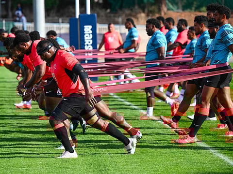 Fiji's flanker Levani Botia (left) takes part in a training session at the Roger Couderc stadium in Marseille on Wednesday.