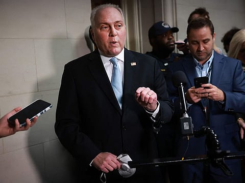 US House Majority Leader Steve Scalise talks to the media before a House Republicans to hear from members running for U.S. Speaker of House in the Longworth House Office Building on October 11, 2023 in Washington, DC.