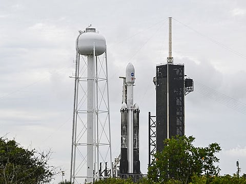 A SpaceX Falcon Heavy rocket with the Psyche spacecraft sits on launch pad 39A at NASA's Kennedy Space Center in Cape Canaveral, Florida, on October 11, 2023.