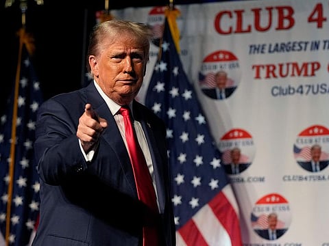 Republican presidential candidate former President Donald Trump gestures after speaking Wednesday, Oct. 11, 2023, at Palm Beach County Convention Centre in West Palm Beach, Fla.