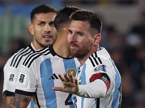 Argentina's forward Lionel Messi gestures during the 2026 FIFA World Cup South American qualification match against Paraguay on Thursday.