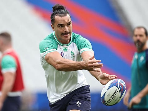 Ireland's wing James Lowe passes the ball during a training session at the Stade de France, in Saint-Denis, on on Friday.