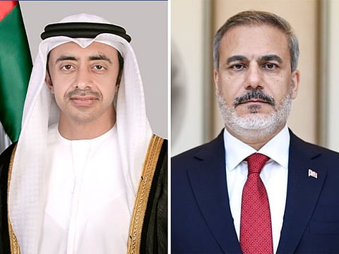 UAE's Minister of Foreign Affairs Sheikh Abdullah bin Zayed Al Nahyan and Hakan Fidan, Minister of Foreign Affairs of Turkey.