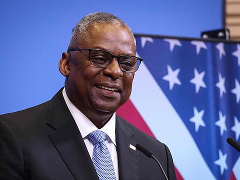 US Defence Secretary Lloyd Austin gives a press conference during the NATO Council Defence Ministers Session at the NATO headquarters in Brussels on October 12, 2023.