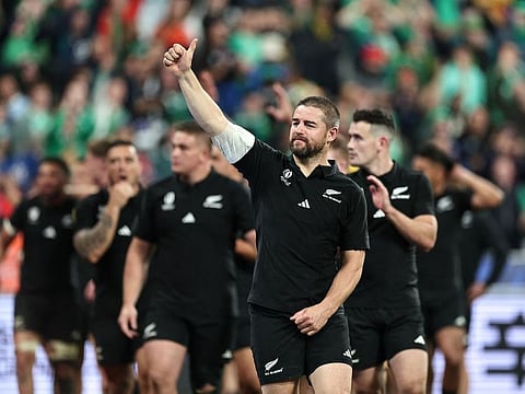 New Zealand's hooker Dane Coles celebrates after winning the Rugby World Cup quarter-final match against Ireland at the Stade de France in Saint-Denis on Saturday.