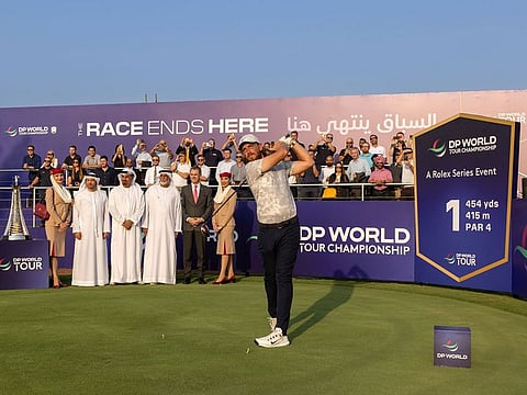 Ceremonial tee shot taken by Tommy Fleetwood taking the ceremonial tee shot to mark the 30-day countdown for the DP World Tour Championship on Monday. Abdulla Bin Damithan, CEO & Managing Director DP World, General Abdullah Al Hashimi, EGF, Ismail Sharif, Regional Director, Viya Golf and Tom Phillips, Head of Middle East, DP World Tour.