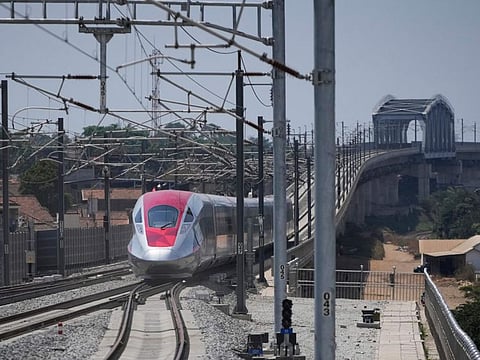 A high-speed train is seen during the opening ceremony for launching Southeast Asia's first high-speed railway at Padalarang station, a key project under China's Belt and Road infrastructure initiative, in Bandung, West Java, Indonesia on October 2, 2023.