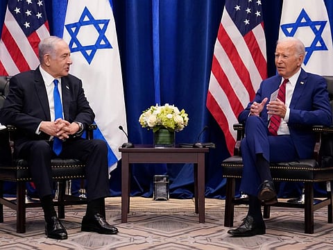 President Joe Biden with Israeli Prime Minister Benjamin Netanyahu in New York, on September 20, 2023.  Several news outlets including Axios and CNN have reported that US and Israeli officials are discussing a possible Biden trip to Israel this week as it gears up for a ground invasion of Gaza.