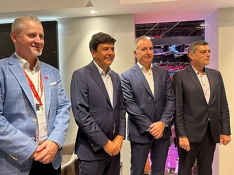 Salvador Anglada, CEO, e& enterprise; Alberto Araque, CEO, e& enterprise IoT & AI; Miguel Angel Villalonga, CEO, e& enterprise Cloud; and Stephan Berner, CEO, HelpAG; at Gitex Global 2023 on Tuesday.
