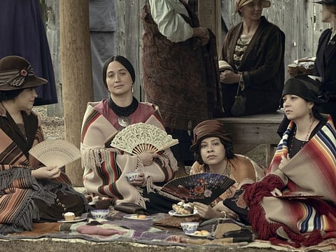 This image released by Apple TV+ shows, from left, JaNae Collins, Lily Gladstone, Cara Jade Myers and Jillian Dion in a scene from 'Killers of the Flower Moon.'