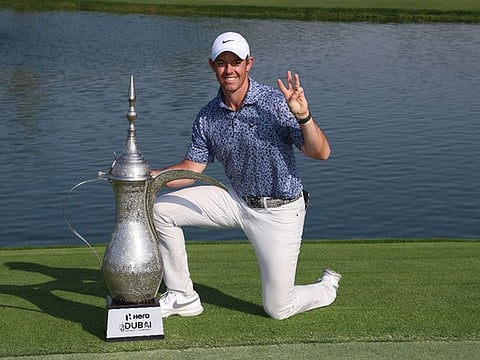 Rory McIlroy celebrating aftert winning the third Dubai Desert Classic earlier this year.