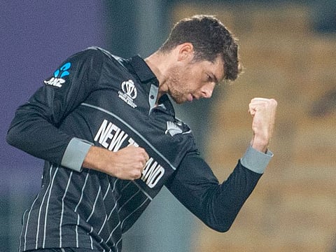 New Zealand's Mitchell Santner celebrates the wicket of Afghanistan's Mohammad Nabi during their World Cup match in Chennai on Wednesday.