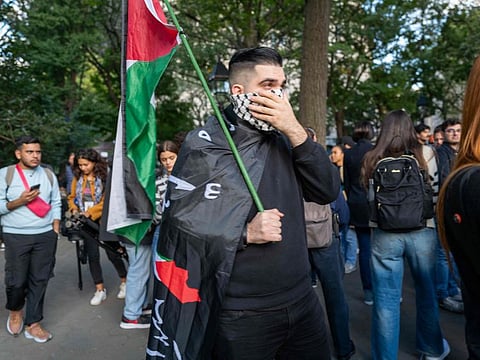 Supporters of both Palestine and Israel face off in duelling protests at Washington Square Park on October 17, 2023 in New York City. The protest, which required police to keep the two groups separate, comes as the number of civilians killed in Gaza continues to rise as Israel prepares for an expected ground invasion of the territory.