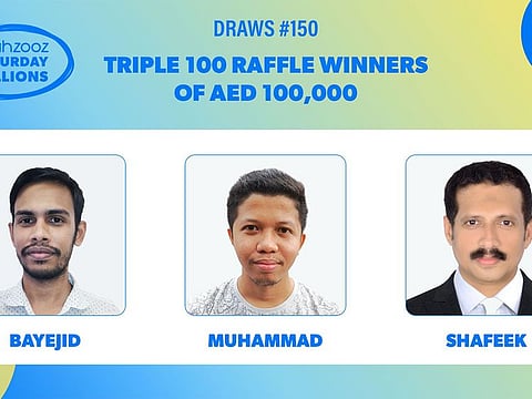 The three lucky winners of the 150th Mahzooz Draw in Dubai.