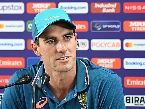 Australia's captain Pat Cummins addresses a press conference at the M. Chinanaswamy Cricket Stadium in Bangalore on October 19, 2023, on the eve of their match Pakistan.