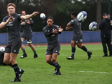 New Zealand's inside centre Jordie Barrett (left) and scrum-half Aaron Smith attend a training session at the Omnisport Croissy Stadium, in Croissy-sur-Seine, western Paris, on Wednesday.