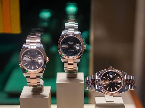 Luxury Datejust watches, manufactured by Rolex SA, in the window of a Bucherer AG store in Paris, France.