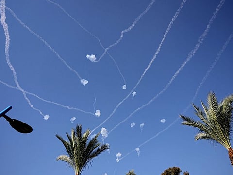 Rockets fired from the Gaza Strip intercepted by Israel's Iron Dome defence missile system.