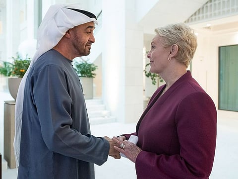 President His Highness Sheikh Mohamed bin Zayed Al Nahyan (left) with Cindy McCain, Executive Director of the United Nations World Food Programme (WFP), at Qasr Al Shati in Abu Dhabi