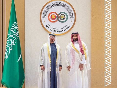 President His Highness Sheikh Mohamed bin Zayed Al Nahyan with Saudi Crown Prince Mohammed bin Salman at the GCC-ASEAN Summit in Riyadh on Friday, October 20, 2023.