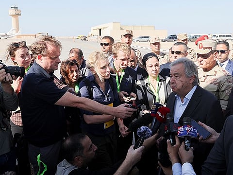 United Nations Secretary-General Antonio Guterres speaks to the media, after visiting the Rafah border crossing between Egypt and the Gaza Strip, at Al Arish Airport, Egypt, October 20, 2023.
