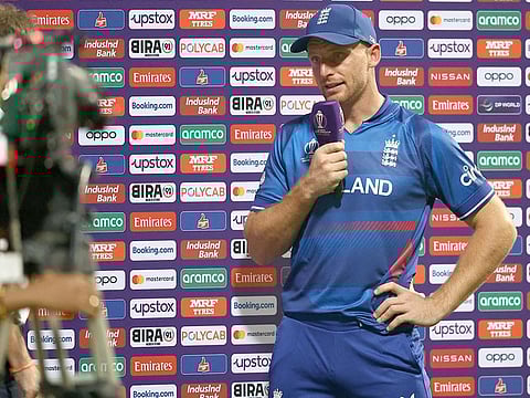 England's Jos Buttler speaks to the media after the match against South Africa at Wankhede Stadium, in Mumbai.