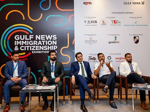 Rana Rauf, CEO, AXIS Solicitors; Adeel Israr Sheikh, Sales & Business Development Manager, Walton Global, Shahrukh Abbass Gondal, Managing and Founding Partner, Group CEO - Ace Luxury Group: AceLuxury Immigration Solutions, Waleed Bin Zaman, Founder & Managing Partner, HOF Migration, Ryan Aizaz Ul Ghani, Head of Operations, Middle East, Aussizz Migration & Education Consultants, at a session during Gulf News Immigration & Citizenship Exhibition(GNICE) 2023 at Anantara Downtown Dubai. 21st October 2023. Photo: Ahmed Ramzan