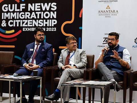 Jatin Virmani, Business & Operations Manager, PR Immigration services, Dr. Sujith Menon - Chief Operating Officer - Glinks International, and Rohit Sethi - Director - ESS Global, during a session at Gulf News Immigration & Citizenship Exhibition(GNICE) 2023 at Anantara Downtown Dubai