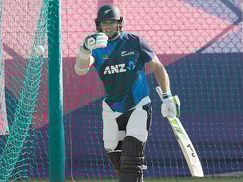 New Zealand's skipper Tom Latham seen during a practice session ahead of their match against India in the ICC Men's Cricket World Cup 2023, at Himachal Pradesh Cricket Association Stadium, in Dharamsala on Saturday.