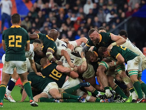 South Africa's lock RG Snyman (third right) vies in a maul during the Rugby World Cup semi-final match against England at the Stade de France in Saint-Denis on Saturday.