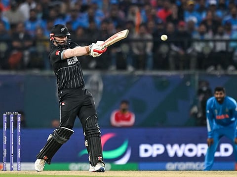 New Zealand's Daryl Mitchell in action during the Cricket World Cup match against India at the Himachal Pradesh Cricket Association Stadium in Dharamsala on Sunday.