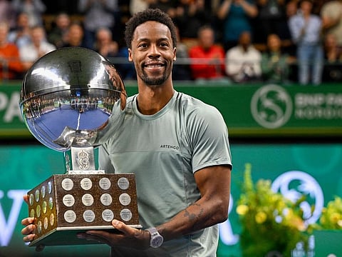 France's Gael Monfils poses with his trophy after winning against Russia's Pavel Kotov during the men's singles final match of the ATP Nordic Open at the Royal Tennis Hall, in Stockholm, Sweden on Sunday.