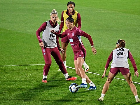 Spain's midfielder Alexia Putellas (left), forward Jenni Hermoso (centre) and forward Salma Paralluelo attend a training session at the Ciudad del Futbol training facilities in Las Rozas de Madrid on Monday.