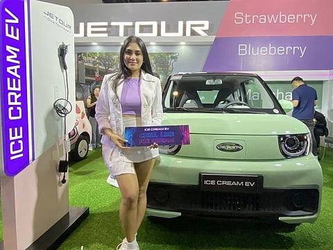 The Jetour Ice Cream EV 2023, a 4-seater satchback, on display at a recent EV summit held in Manila's SMX Convention Centre in Pasay City. Available at a price of 699,000 pesos ($12,320), the Ice Cream EV comes with a 13.9kWh lithium ion battery pack, with a range 170km on a full battery charge.