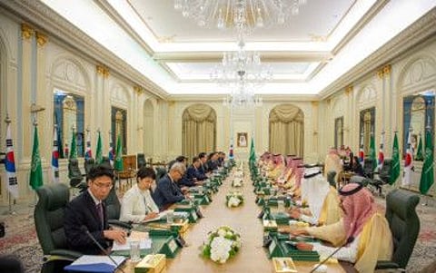 Saudi Arabia's Crown Prince Mohammad bin Salman and President of South Korea, Yoon Suk-Yeol, at Al Yamamah Palace in Riyadh.